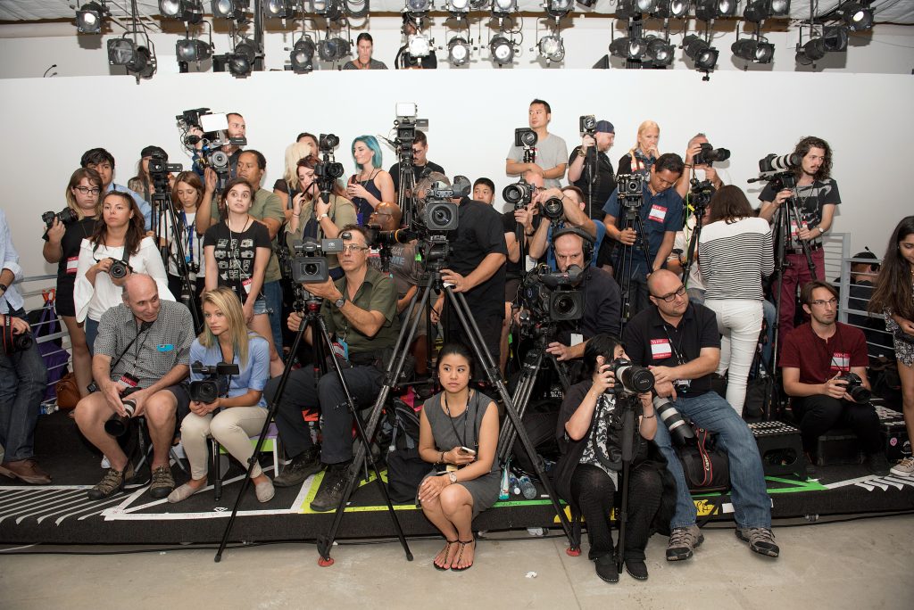 NEW YORK, NY - SEPTEMBER 12: Runway photographers prepare for the Leanne Marshall fashion show during New York Fashion Week September 2016 at The Gallery, Skylight at Clarkson Sq on September 12, 2016 in New York City. (Photo by Mike Pont/WireImage)