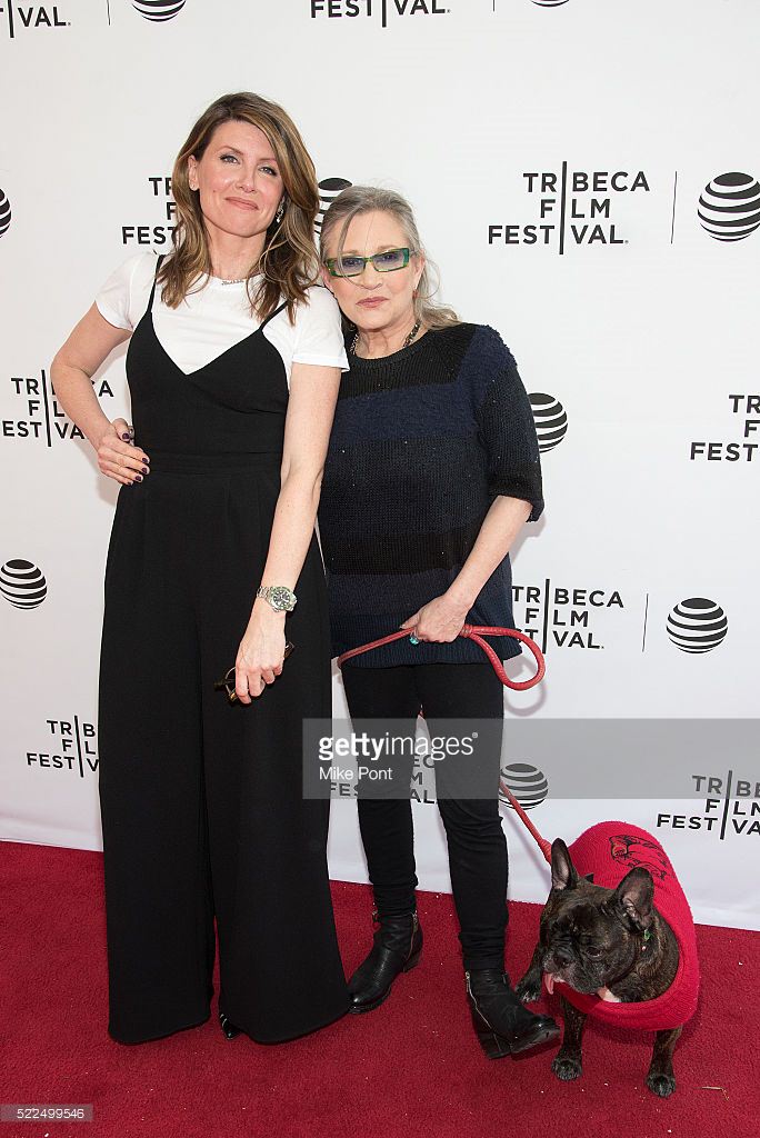 Sharon Horgan, Carrie Fisher, and Gary the dog attend the Tribeca Tune In: 'Catastrophe' during the 2016 Tribeca Film Festival at SVA Theatre on April 19, 2016 in New York City.