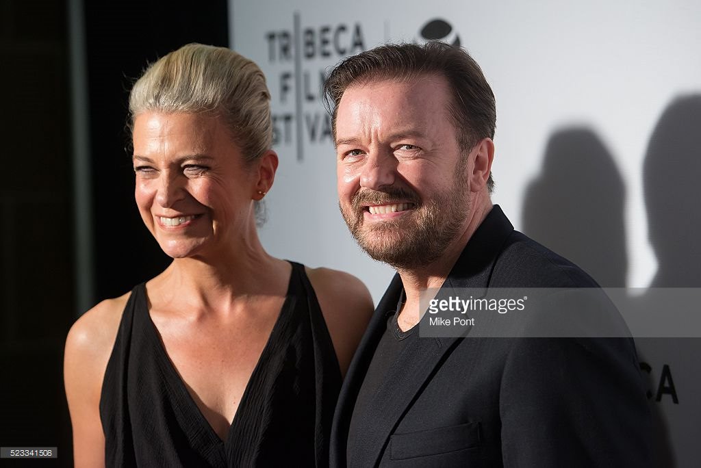 Ricky Gervais (R) and author Jane Fallon attend Tribeca Talks After The Movie: 'Special Correspondents' during the 2016 Tribeca Film Festival at John Zuccotti Theater at BMCC Tribeca Performing Arts Center on April 22, 2016 in New York City.